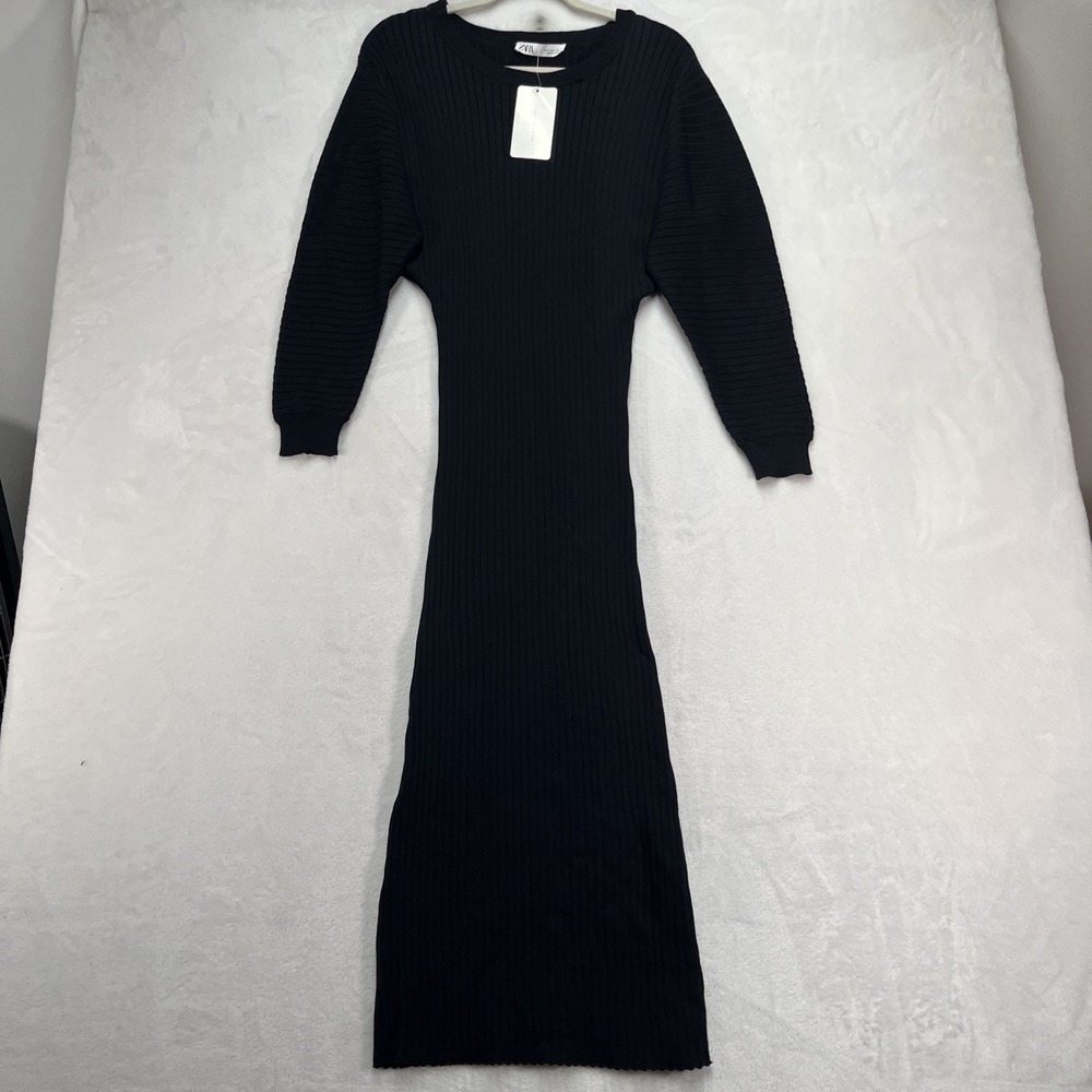 Zara Woman Ribbed Long Sleeve Midi Dress Women Small Black Pencil PuffSleeve NEW